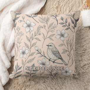 Vintage Peach Songbird Wildflower Pattern Cushion