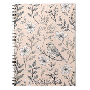 Vintage Peach Songbird Wildflower Pattern Notebook