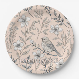 Vintage Peach Songbird Wildflower Pattern Paper Plate