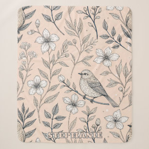 Vintage Peach Songbird Wildflower Pattern Sherpa Blanket