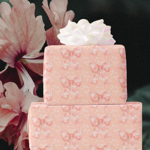 Vintage Peachy Floral Toile Bows Wrapping Paper