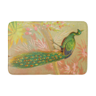 Vintage Peacock and flowers painting Bath Mat