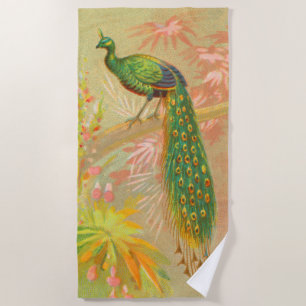 Vintage Peacock and flowers painting Beach Towel