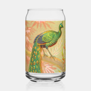 Vintage Peacock and flowers painting Can Glass