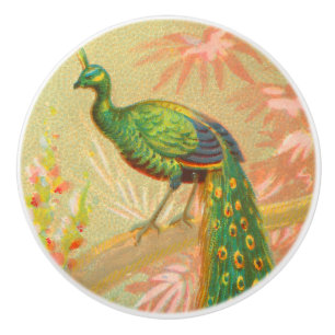 Vintage Peacock and flowers painting Ceramic Knob