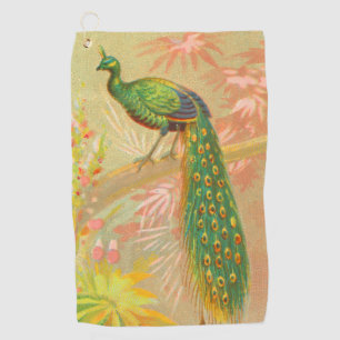 Vintage Peacock and flowers painting Golf Towel
