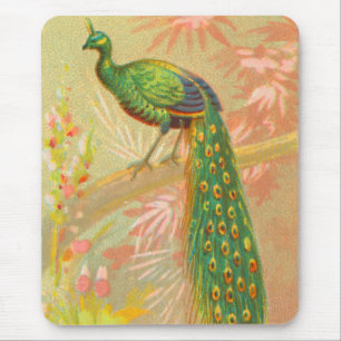 Vintage Peacock and flowers painting Mouse Pad