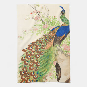 Vintage Peacock and flowers painting Tea Towel