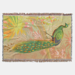 Vintage Peacock and flowers painting Throw Blanket