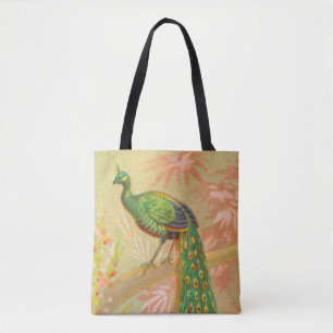 Vintage Peacock and flowers painting Tote Bag