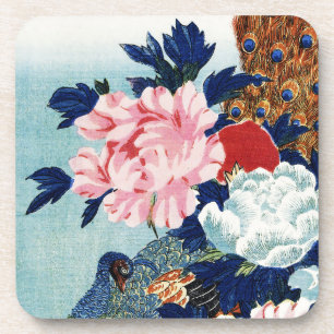 Vintage Peacock and peonies flowers painting Coaster