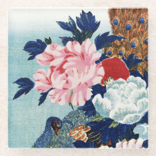 Vintage Peacock and peonies flowers painting Glass Coaster
