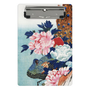 Vintage Peacock and peonies flowers painting Mini Clipboard
