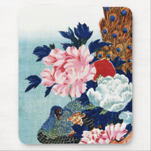 Vintage Peacock and peonies flowers painting Mouse Pad