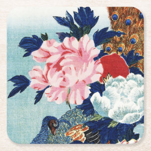 Vintage Peacock and peonies flowers painting Square Paper Coaster