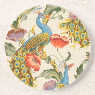 Vintage Peacock and poppies illustrations Coaster