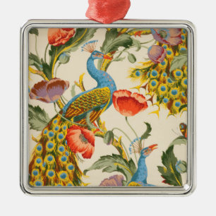 Vintage Peacock and poppies illustrations Metal Ornament