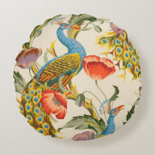 Vintage Peacock and poppies illustrations Round Cushion
