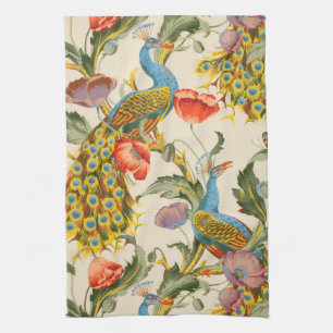 Vintage Peacock and poppies illustrations Tea Towel