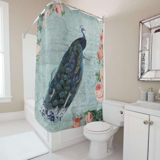 Vintage Peacock and Roses Illustration Shower Curtain (In Situ)