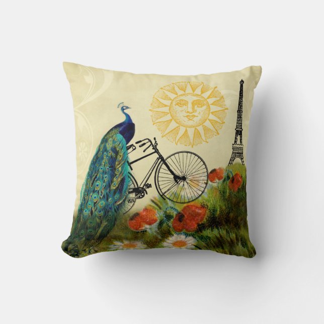 Vintage Peacock Art with Eiffel Tower Cushion (Front)