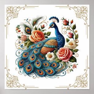 Vintage Peacock Bird Floral Poster