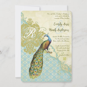 Vintage Peacock Birds Lagoon Endive Damask Wedding Invitation
