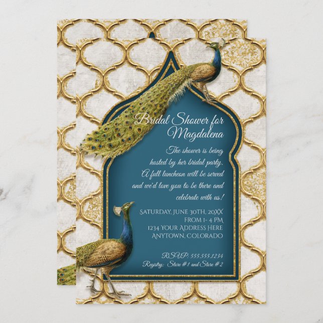 Vintage Peacock Blue Arabesque Gold Bridal Shower Invitation (Front/Back)