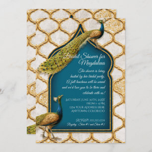 Vintage Peacock Blue Arabesque Gold Bridal Shower Invitation