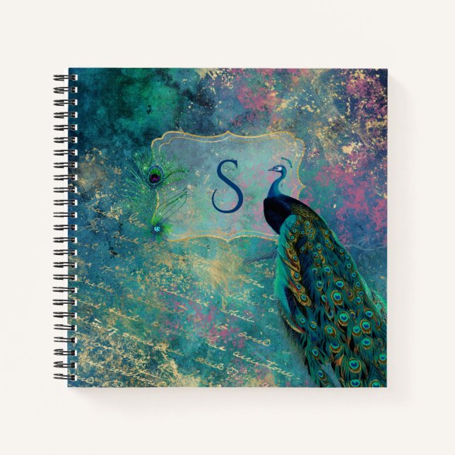 Vintage Peacock Collage Monogram Notebook (Front)