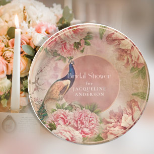 Vintage Peacock Elegant Pink Peony Bridal Shower Paper Plate