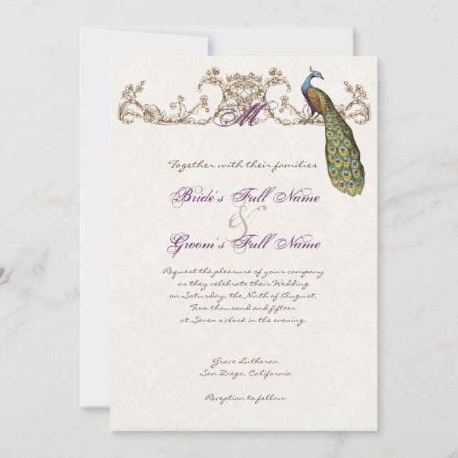 Vintage Peacock & Etching Wedding Invitation White (Front)