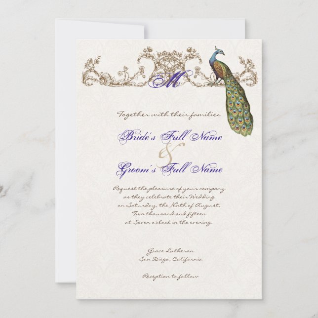 Vintage Peacock & Etching Wedding Invitation White (Front)