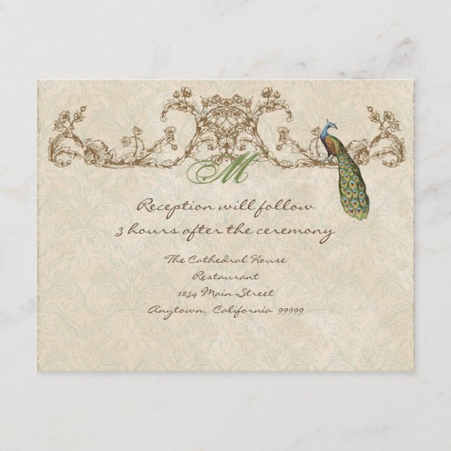Vintage Peacock & Etchings Reception Invitation (Front)