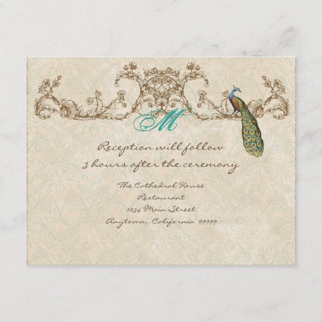Vintage Peacock & Etchings Reception Invitation (Front)