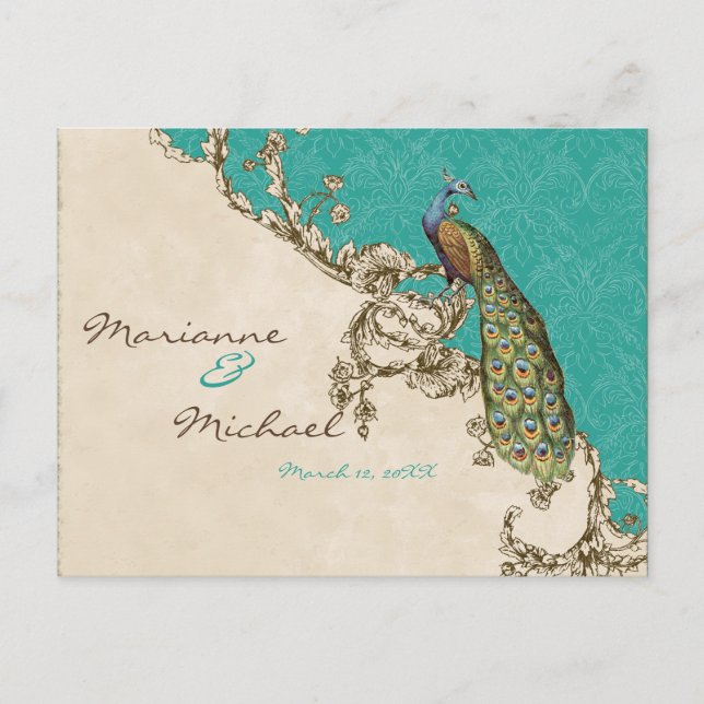 Vintage Peacock & Etchings RSVP Response Postcard (Front)