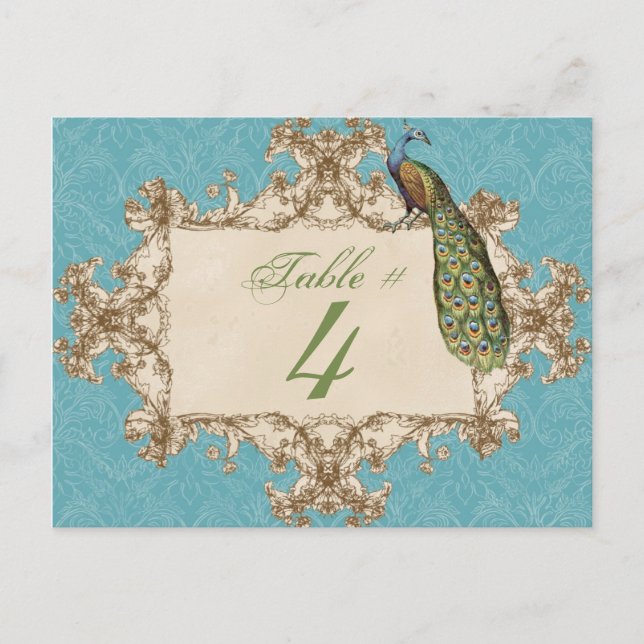 Vintage Peacock & Etchings, Table Number Card (Front)