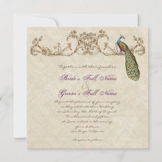 Vintage Peacock & Etchings Wedding Invitation (Front)