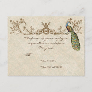 Vintage Peacock & Etchings Wedding RSVP Card