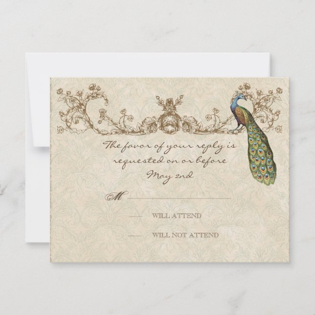 Vintage Peacock & Etchings Wedding RSVP Card (Front)