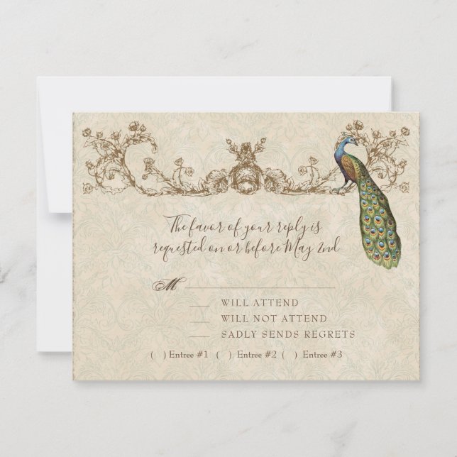 Vintage Peacock & Etchings Wedding RSVP Card (Front)