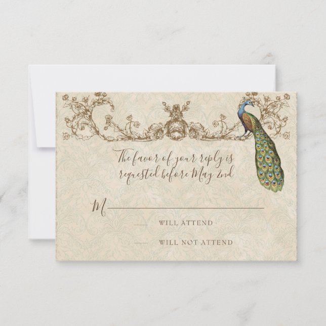 Vintage Peacock & Etchings Wedding RSVP Card (Front)
