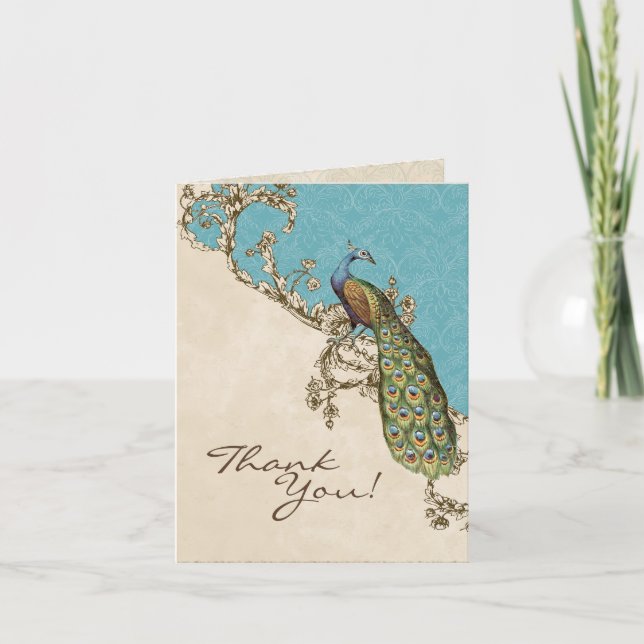 Vintage Peacock & Etchings Wedding Thank You Notes (Front)