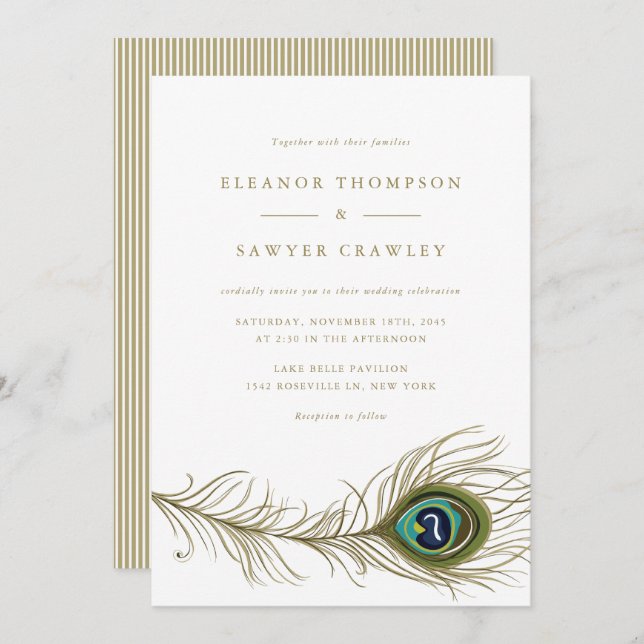 Vintage Peacock Feather Art Deco Wedding Invitation (Front/Back)