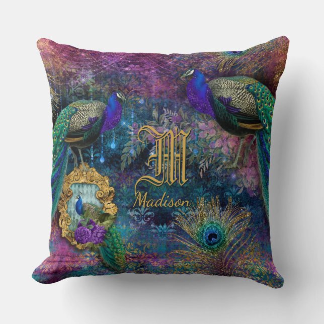 Vintage Peacock Feather Glitter Monogram Name Cushion (Front)