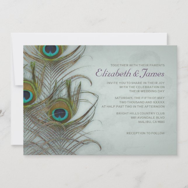 Vintage Peacock Feather Wedding Invitations (Front)