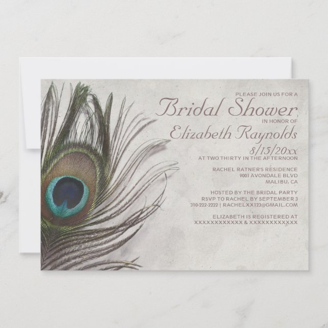 Vintage Peacock Feathers Bridal Shower Invitations (Front)