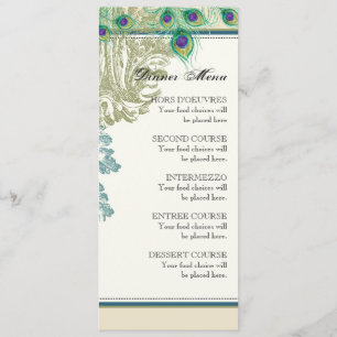 Vintage Peacock, Feathers, Dinner Menu Card