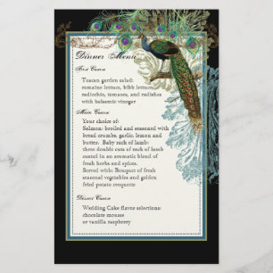 Vintage Peacock, Feathers, Dinner Menu Sheet