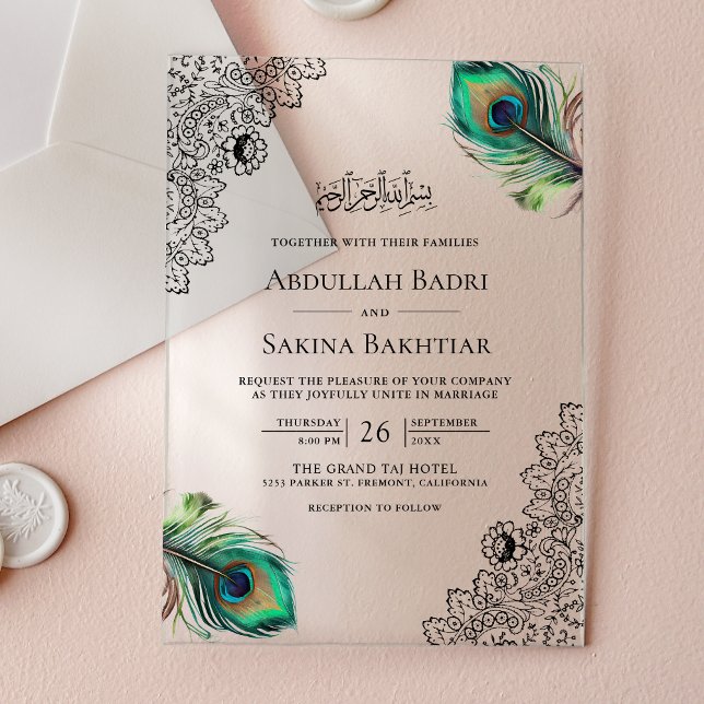 Vintage Peacock Feathers Muslim Wedding Acrylic Invitations (Creator Uploaded)